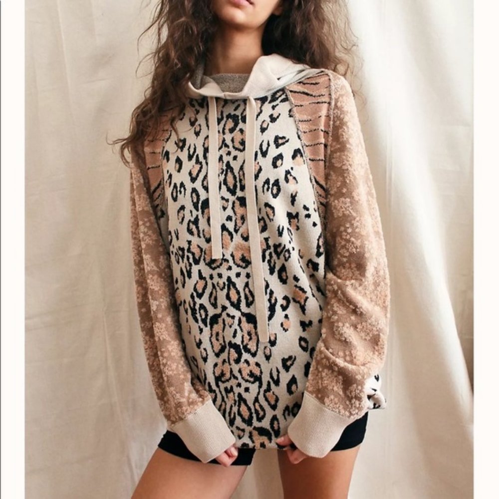 Free People Nala Leopard Oversized Sweater Hoodie SMALL NWT
